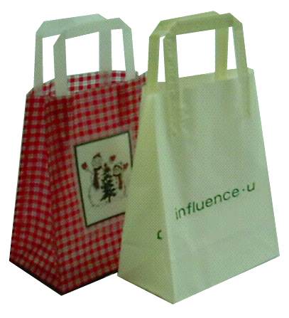 Tape handled Polythene Carrier Bags. Note: Red carrier bag has a clear polythene sleeve on the front for adding a personalised greeting card or business card.